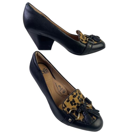 Sofft Womens Black Leopard Leather Pumps 3" Heel Tassles Gold Accents Size 6.5 - Picture 2 of 11